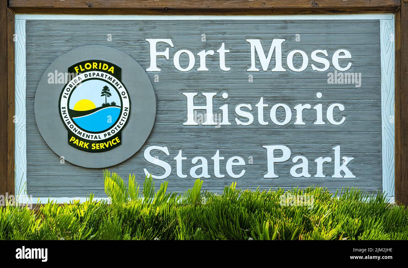 Entrance sign for Fort Mose Historic State Park in St. Augustine, Florida. (USA) Stock Photo