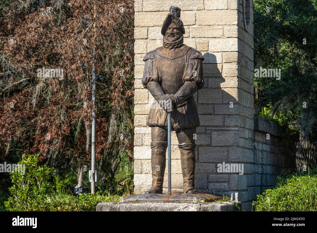 Statue of Don Pedro Menendez de Aviles, the Spanish admiral and explorer who founded St. Augustine, at the entrance gate to the city of St. Augustine. Stock Photo