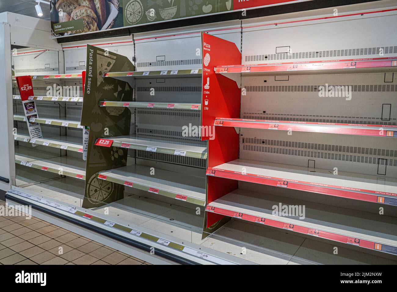4 August 2022 Empty supermarket shelves in Sainsbury's , London, UK