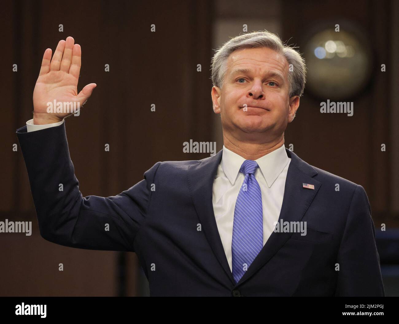 FBI Director Christopher Wray testifies before a Senate Judiciary Committee hearing entitled 'Oversight of the Federal Bureau of Investigation,' on Capitol Hill in Washington, U.S. August 4, 2022. REUTERS/Jim Bourg Stock Photo