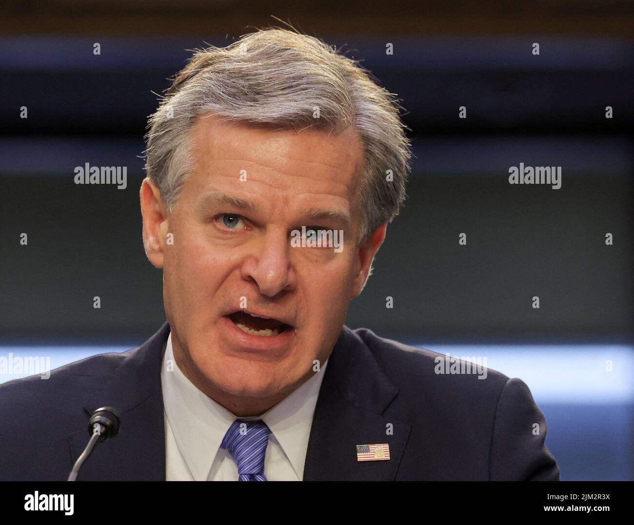 FBI Director Christopher Wray testifies before a Senate Judiciary Committee hearing entitled 'Oversight of the Federal Bureau of Investigation,' on Capitol Hill in Washington, U.S. August 4, 2022. REUTERS/Jim Bourg Stock Photo