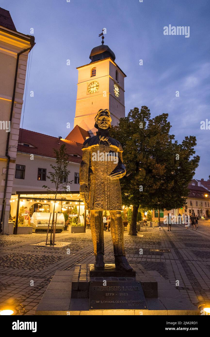 Romania, Transylvania, Sibiu, Sfatului Tower, Mica Square, Gheorghe Lazar memorial Stock Photo
