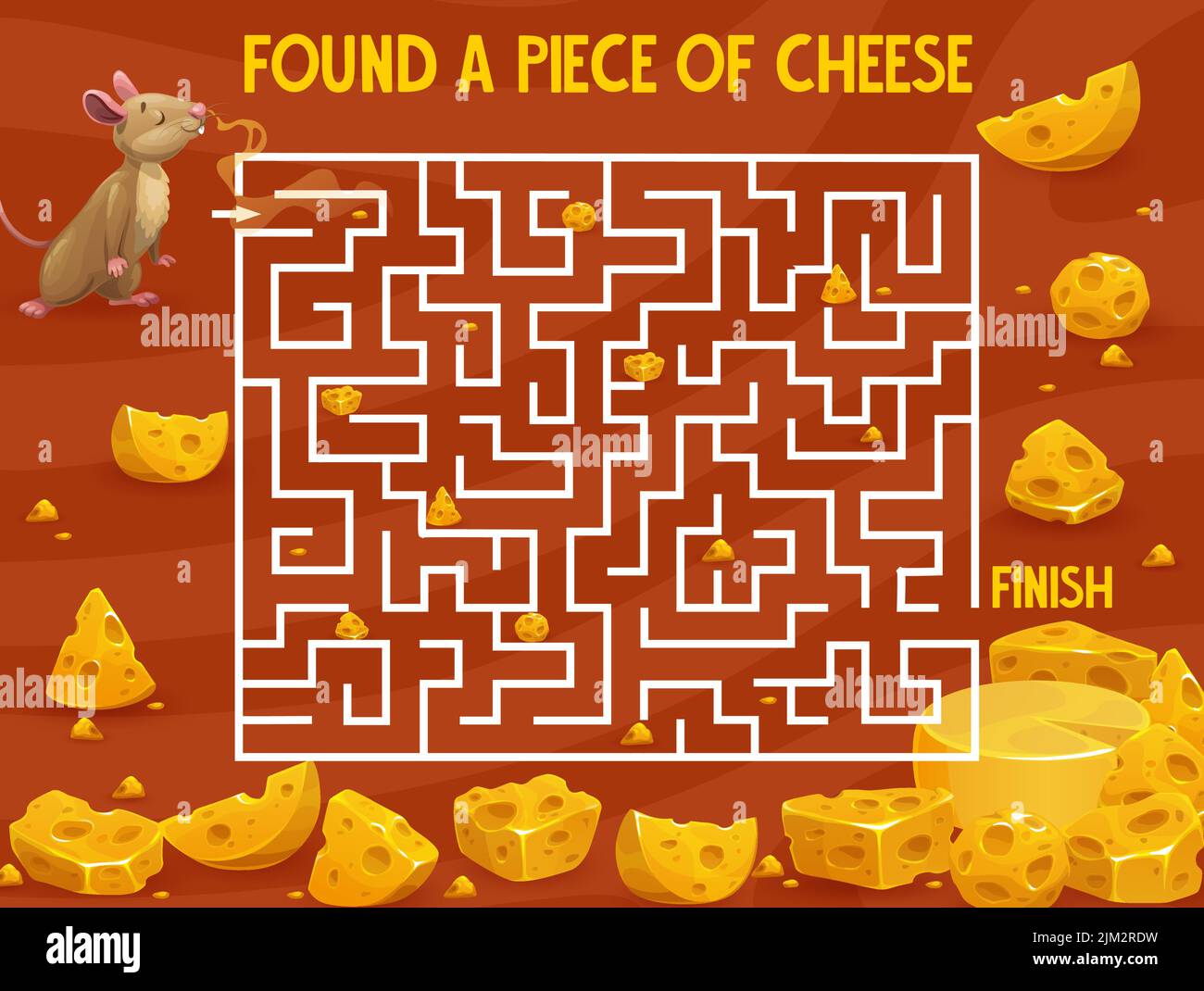 Cartoon mouse and cheese, labyrinth maze game to find way or escape