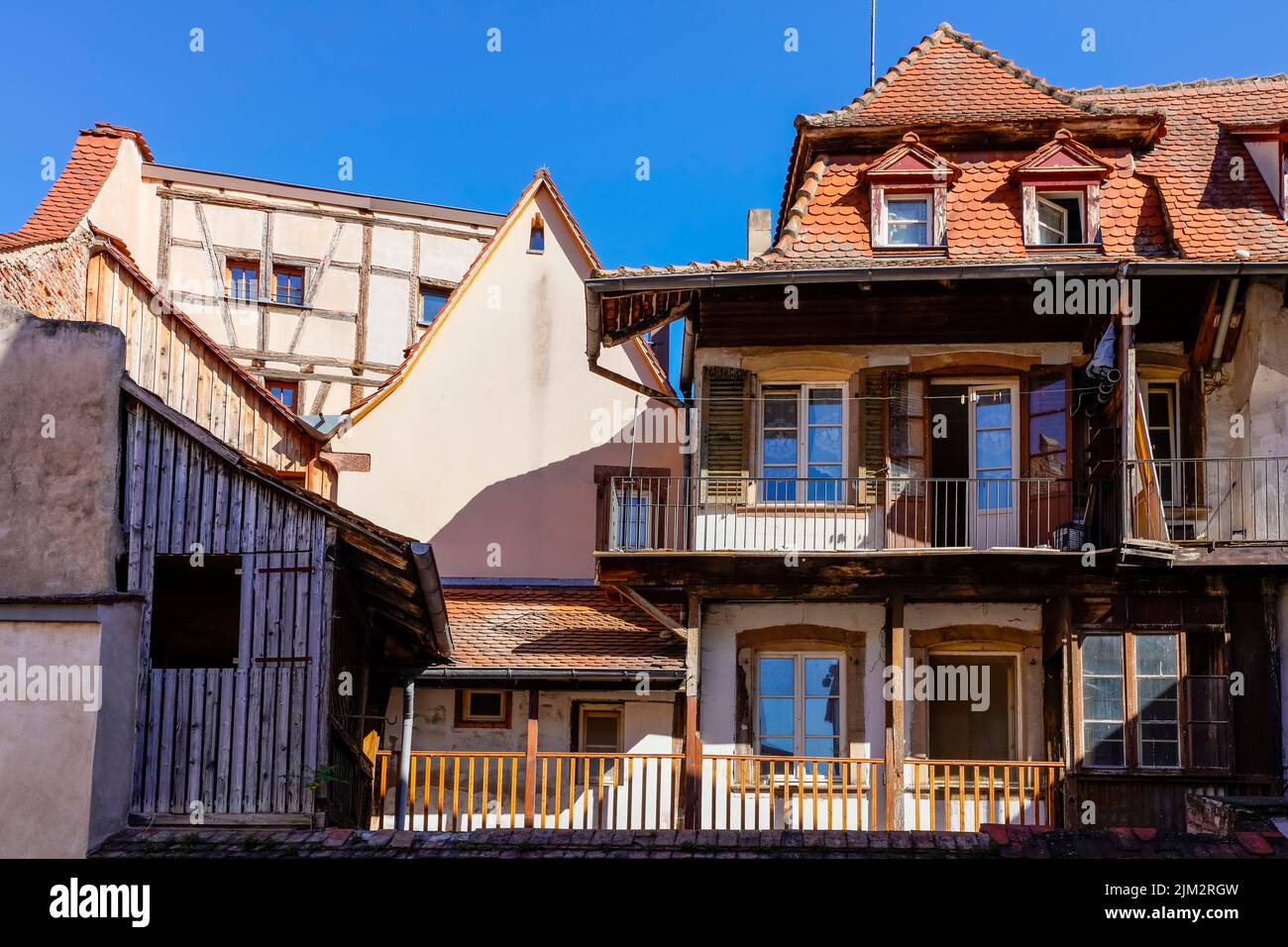 Traditional timbered houses in Alsatian city Sélestat. Bas-Rhin, France. Alsace village of Sélestat. Bas-Rhin, France. Stock Photo