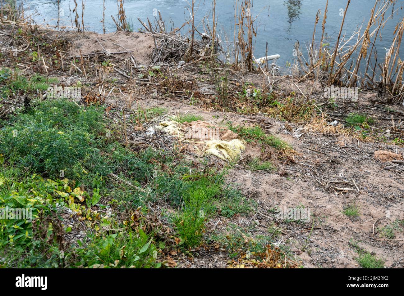 Plastic waste is partly buried in the sandy bank of the River Severn in Shrewsbury. Stock Photo