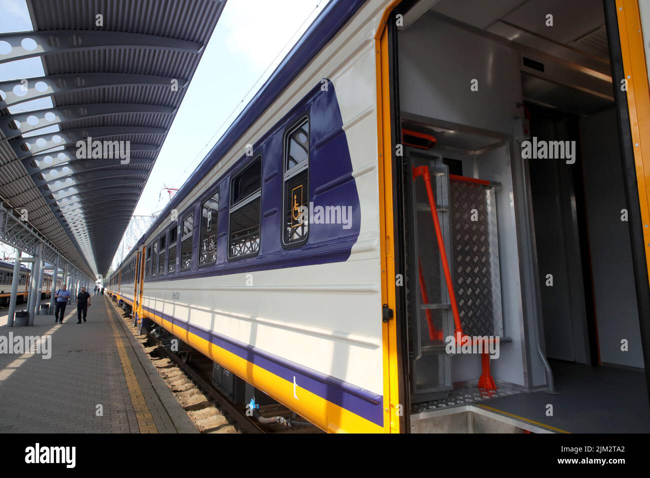 KYIV, UKRAINE - AUGUST 4, 2022 - The upgraded EMUs of the Kyiv City Express have been presented at the Prymiskyi (Suburban) Terminal of the Kyiv-Pasaz Stock Photo