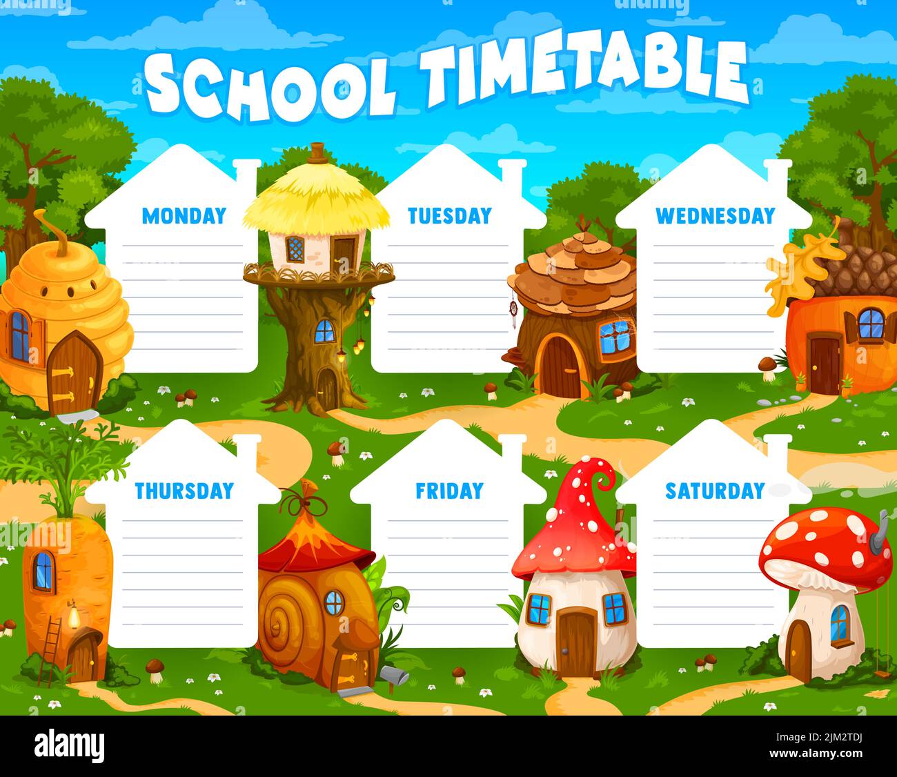 Weekly timetable schedule with cartoon fairy and elf village houses. Acorn, snail shell, beehive, mushroom and carrot. Vector school lessons planner, kids time table template with fantasy dwellings Stock Vector