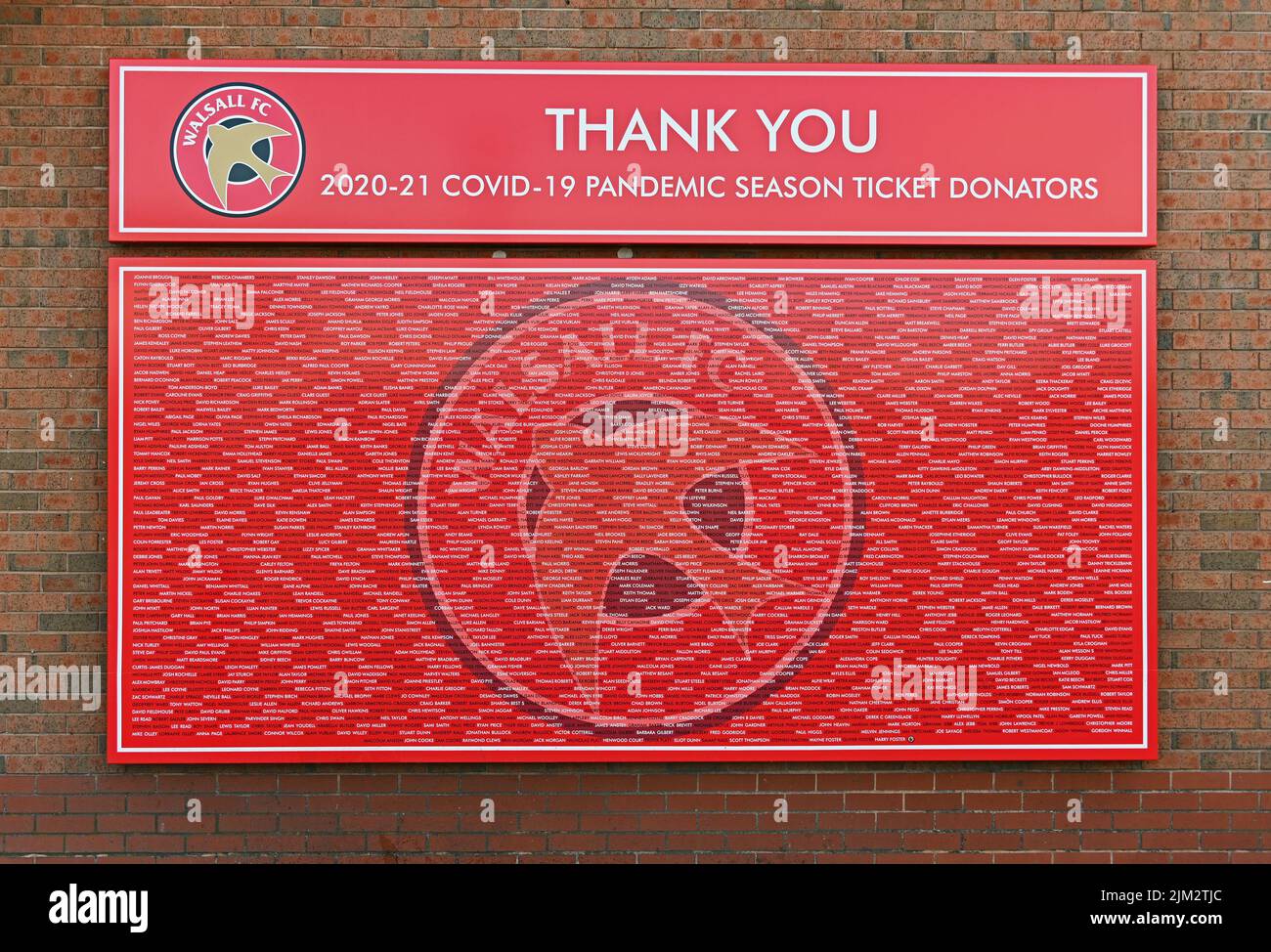 Plaque 'THANK YOU 2020-21 COVID-19 PANDEMIC SEASON TICKET DONATORS'.  Bescot Poundland Stadium. Walsall Football Club Ground. Walsall, West Midlands, Stock Photo