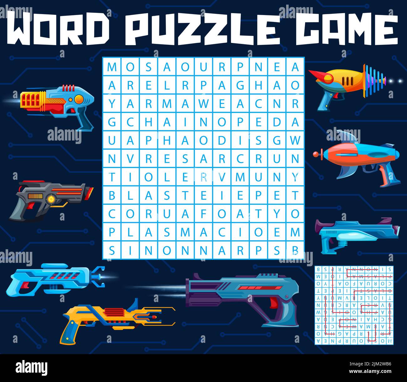 Blaster, handgun and raygun kids weapon toy on word search puzzle game