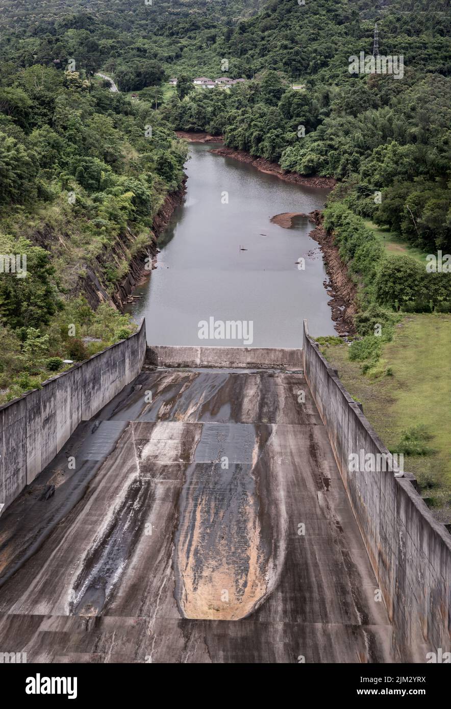 Drainage channels of large dams in dry season The water shortage. Landscape of empty reservoir or big concrete dam, Water resource management concept, Stock Photo