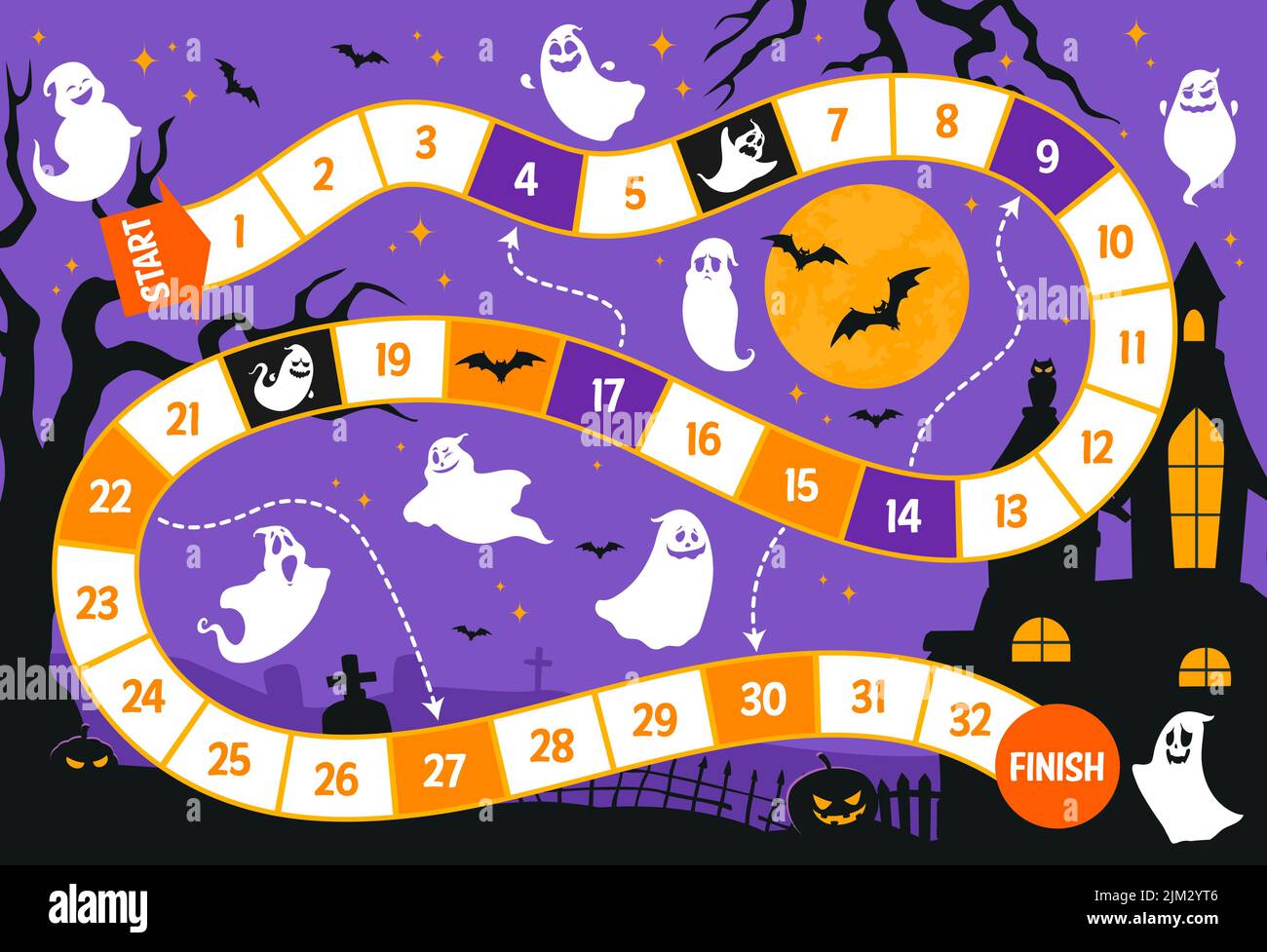 Step board game, Halloween ghosts on cemetery, vector tabletop puzzle