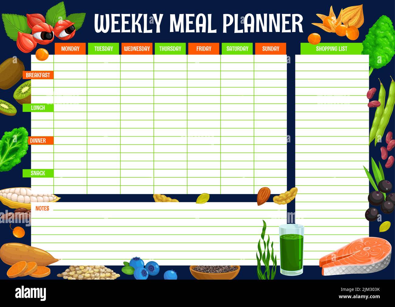 Weekly meal planner, superfoods nutrition food plan schedule, vector