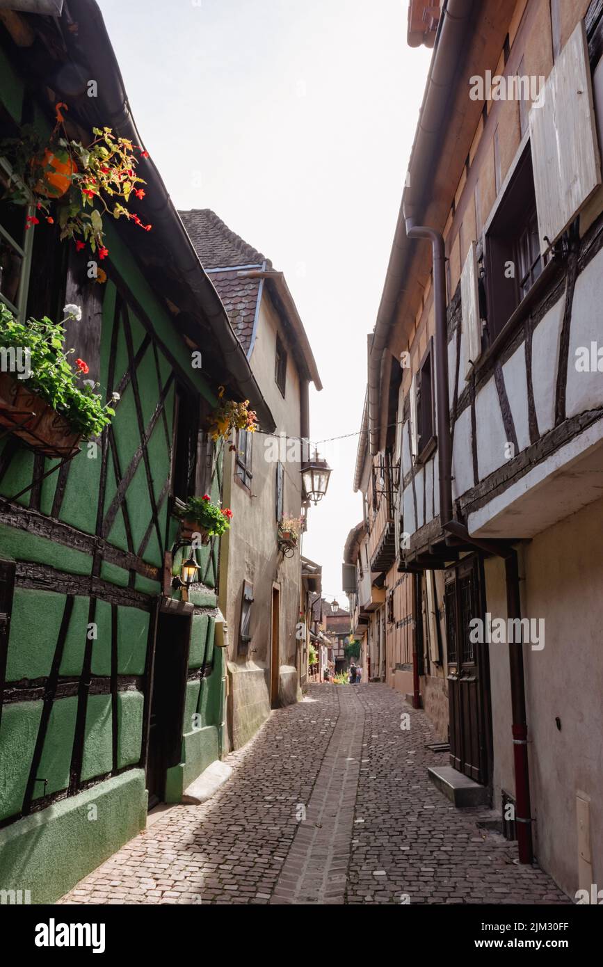Old homes with beautiful architecture in Alsace.  Stock Photo