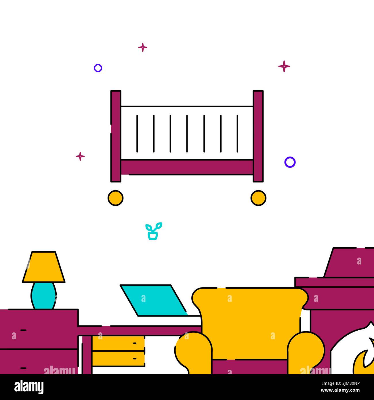 Crib, kindergarten filled line vector icon, simple illustration, related bottom border. Stock Vector