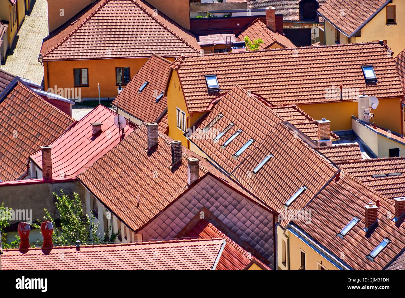 Aerial view of roofs of houses standing close together in medieval