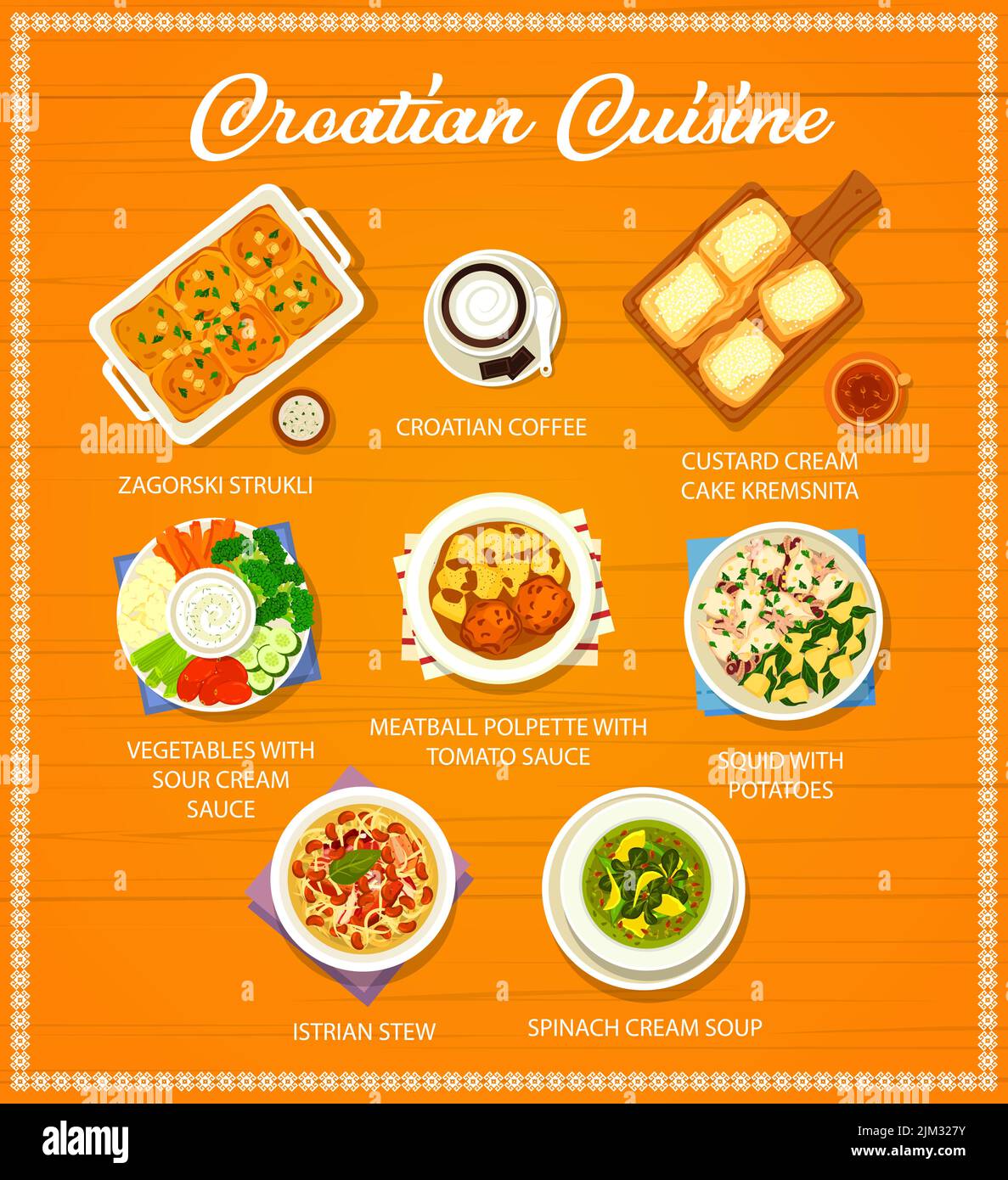 Croatian Cuisine Food Dishes And Meals Vector Restaurant Menu And croatian-cuisine-food-dishes-and-meals-vector-restaurant-menu-and