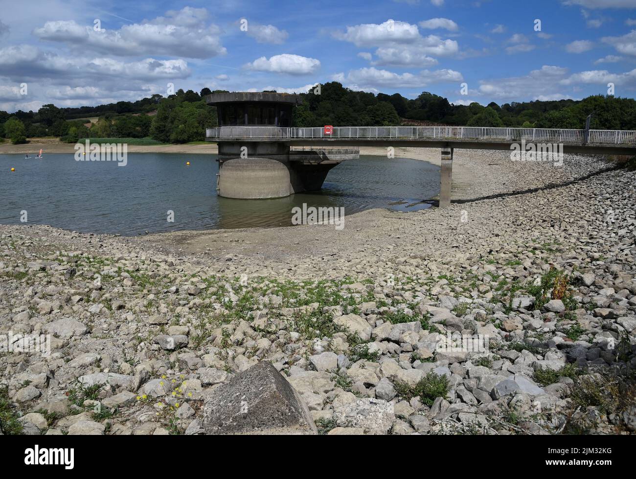 Reduced water levels are seen at Ardingly Reservoir, ahead of regional restrictions over water usage being implemented in the hot and dry weather, Ardingly, southern Britain, August 4, 2022.  REUTERS/Toby Melville Stock Photo