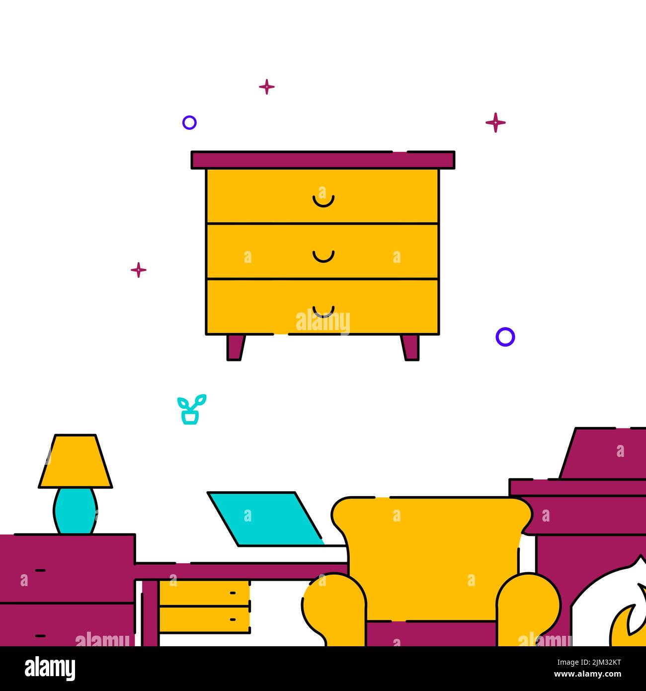 Dresser, chest of drawers filled line vector icon, simple illustration, related bottom border. Stock Vector