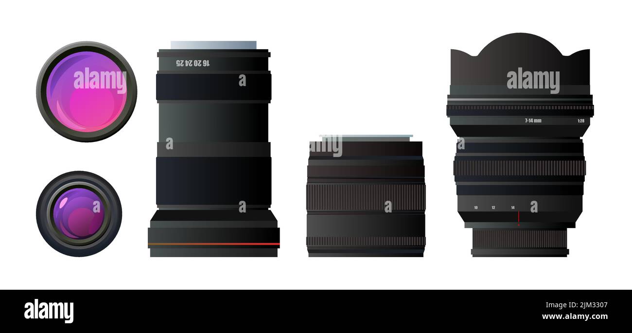 Set of lenses for camera. Various sizes and focal lengths. Optical