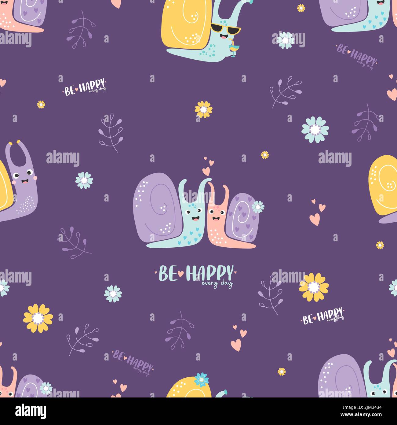 Seamless pattern with snails. In love pair of snails, clam in glasses ...