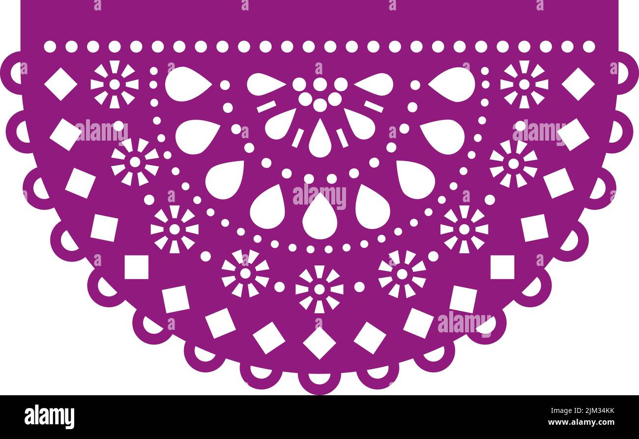 Papel Picado vector round design with flowers and geometric shapes, Mexican party garland decor in purple Stock Vector