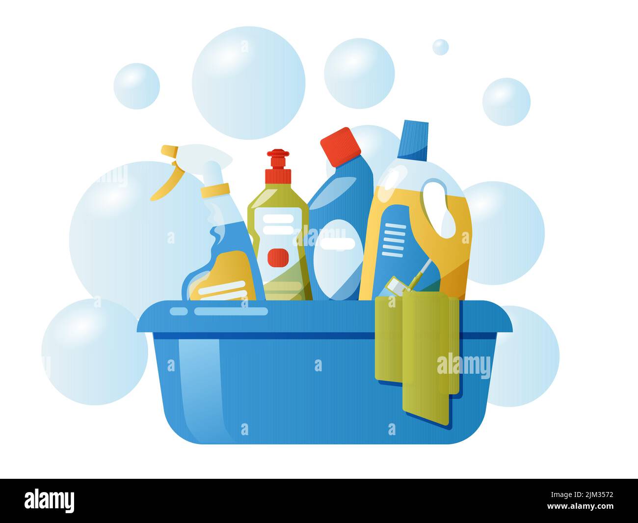 Bucket with cleaning supplies collection isolated on white background. Housework concept, design elements Stock Vector