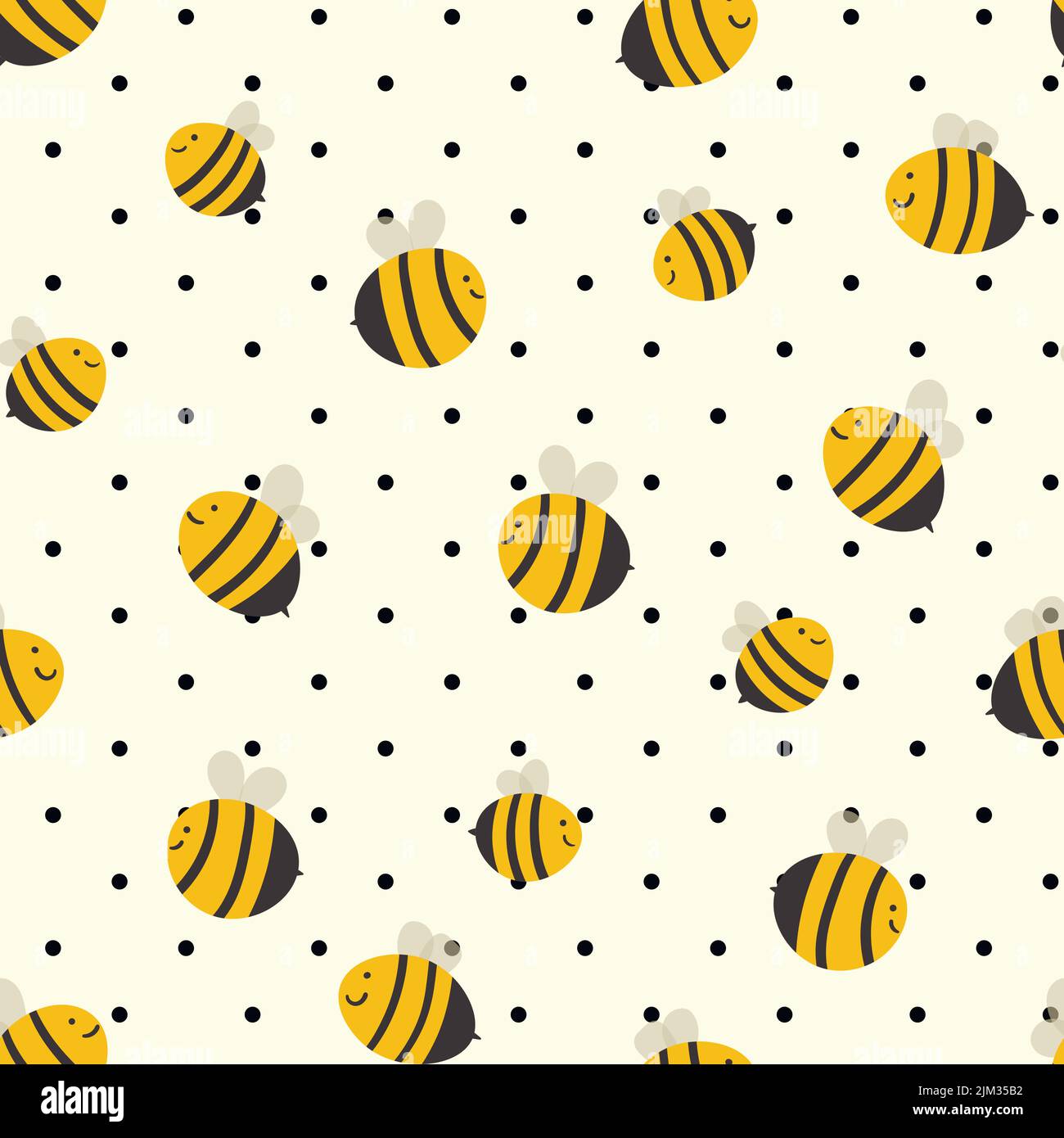 Seamless pattern with bees on white polka dots background. Small wasp ...