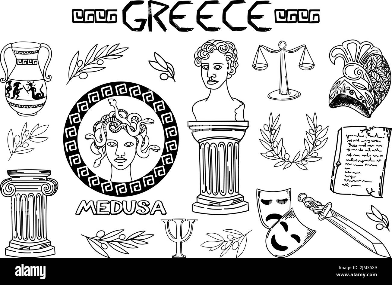 Set of ancient elements of Ancient Greece and Rome, hand-drawn in sketch style. Gorgon Medusa. Head of Perseus, vase with exploit, laurel wreath, stat Stock Vector