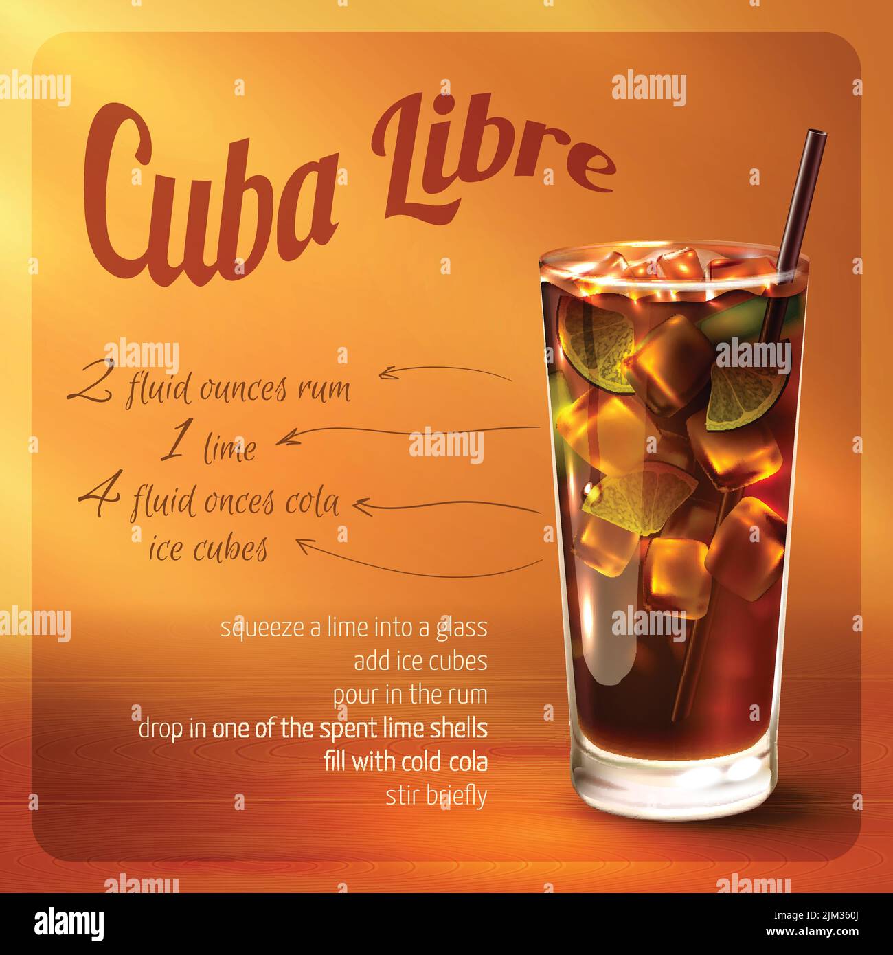 Cuba libre cocktail recipe with drink in glass with drinking straw on