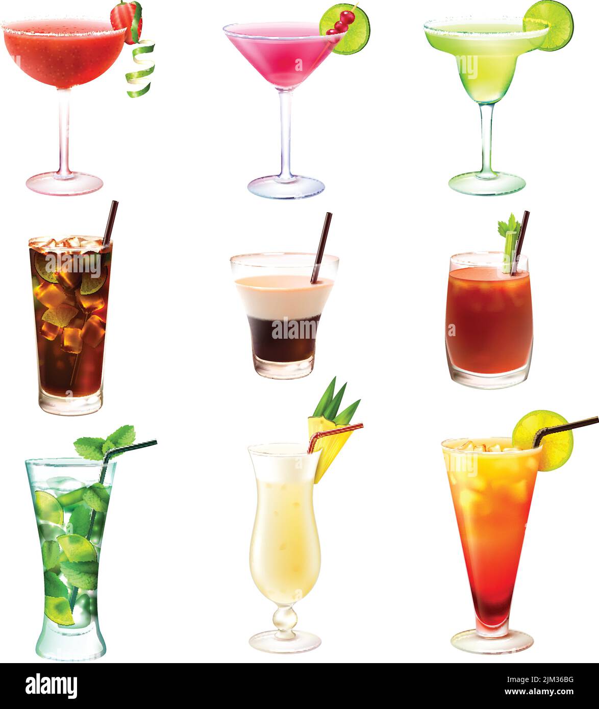 Cocktail realistic decorative icons set with  margarita mojito bloody mary isolated vector illustration Stock Vector
