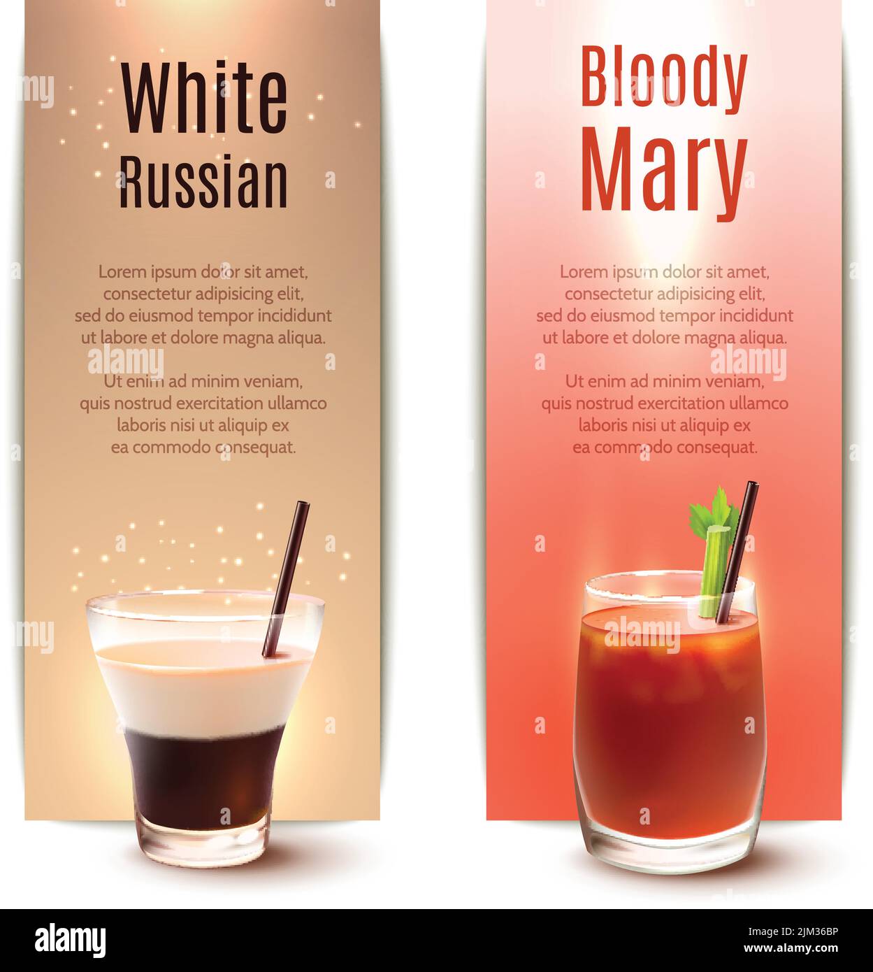 White russian and bloody mary cocktails vertical banner set isolated