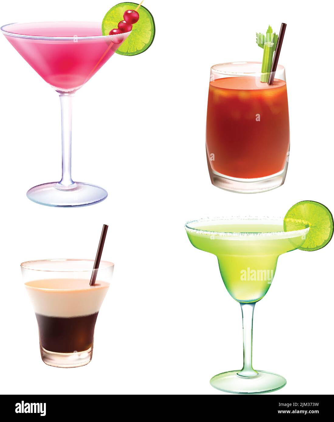 Cocktail alcohol drinks realistic decorative icons set with cosmopolitan bloody mary b-52 margarita isolated vector illustration Stock Vector