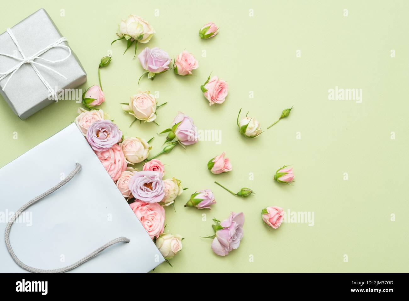 paper bag roses green background silver gift box Stock Photo Alamy