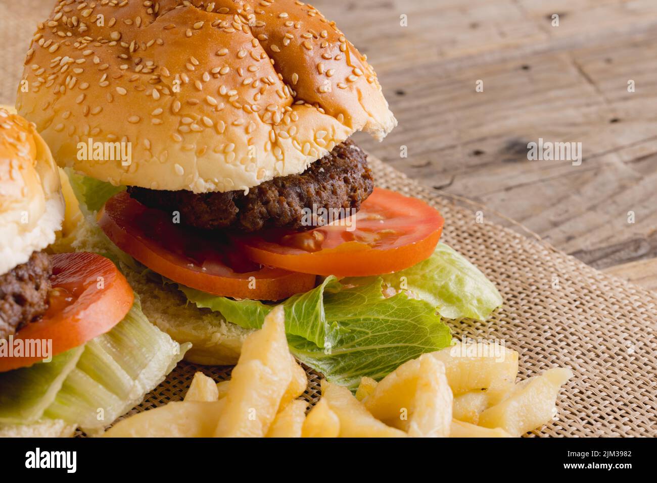 Close-up of burger and french fries, copy space. unaltered, food, snack, fast food and unhealthy food concept, Stock Photo