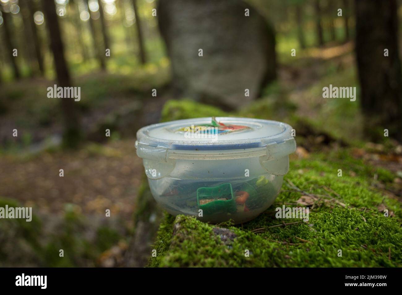 geocaching container in the woods Stock Photo