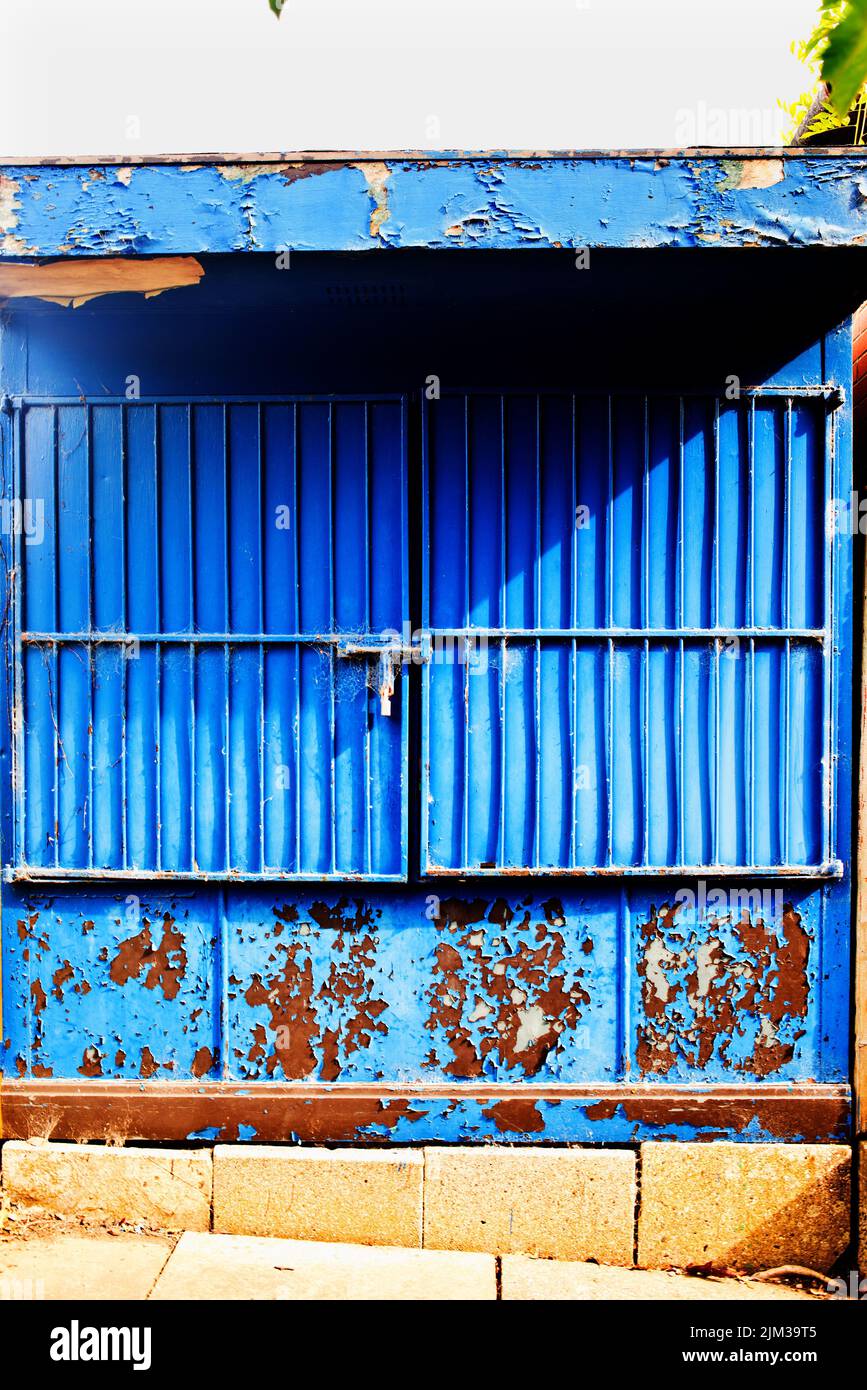 Blue steel container, Holmstead Park, York, England Stock Photo