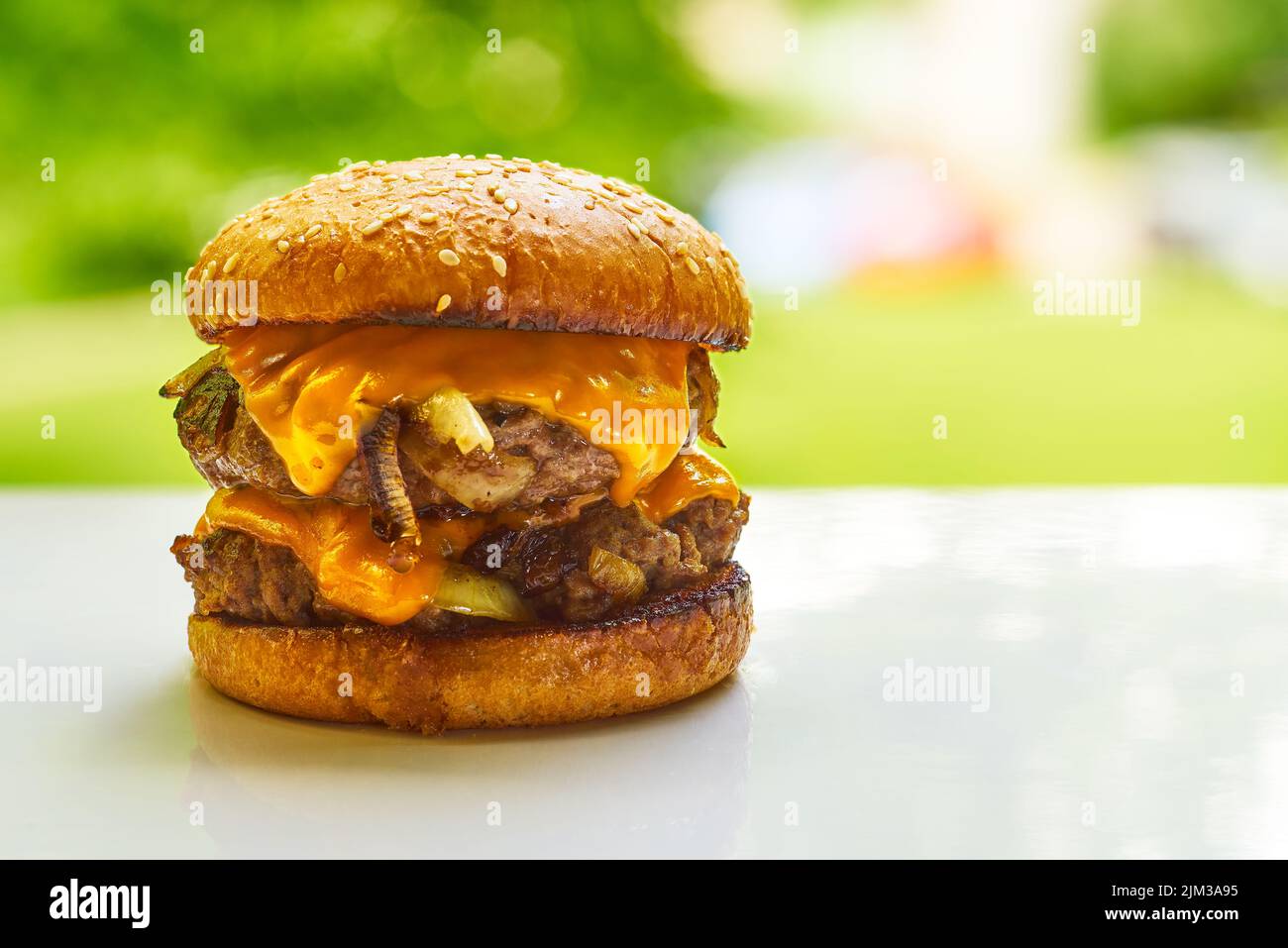 Oklahoma style onion burger on summer outdoor background Stock Photo
