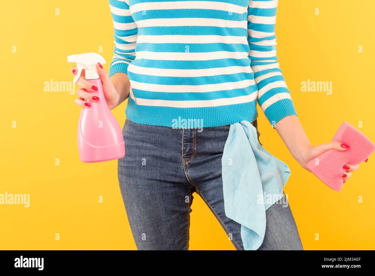 household chore organized housewife atomizer cloth Stock Photo