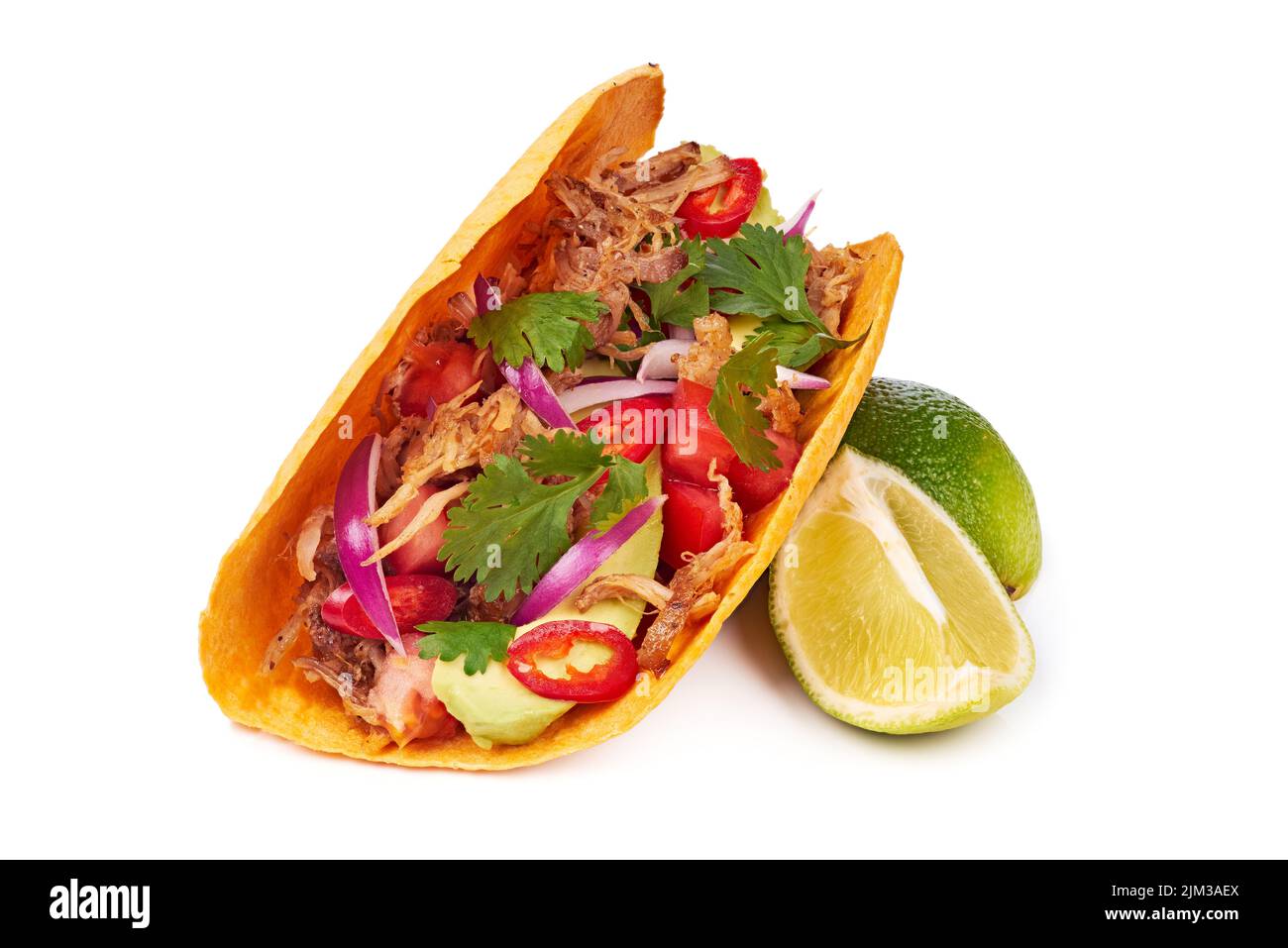 Pulled pork taco with lime on white background Stock Photo