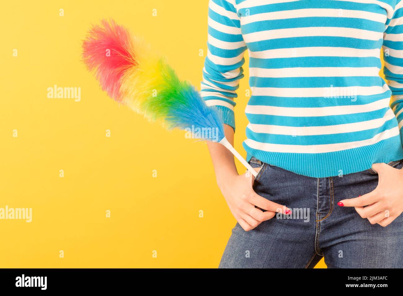 dust cleaning woman feather duster copy space Stock Photo Alamy