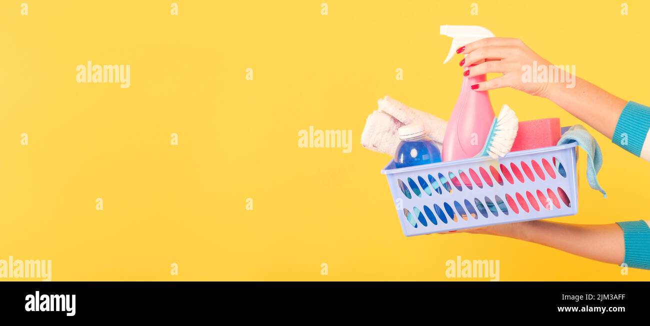 diy home cleaning woman supplies copy space Stock Photo