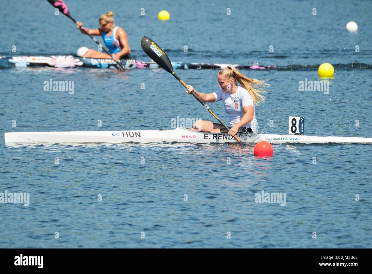 Dartmouth, Canada. August 4th, 2022. Eszter RENDESSY from Hungary close to the finish on her way to winning her qualifying heat in the Women K1 1000m race at the World Championship. She now moves straight to the finals later this week. The 2022 ICF Canoe Sprint and Paracanoe World Championships takes place on Lake Banook in Dartmouth (Halifax). Credit: meanderingemu/Alamy Live News Stock Photo