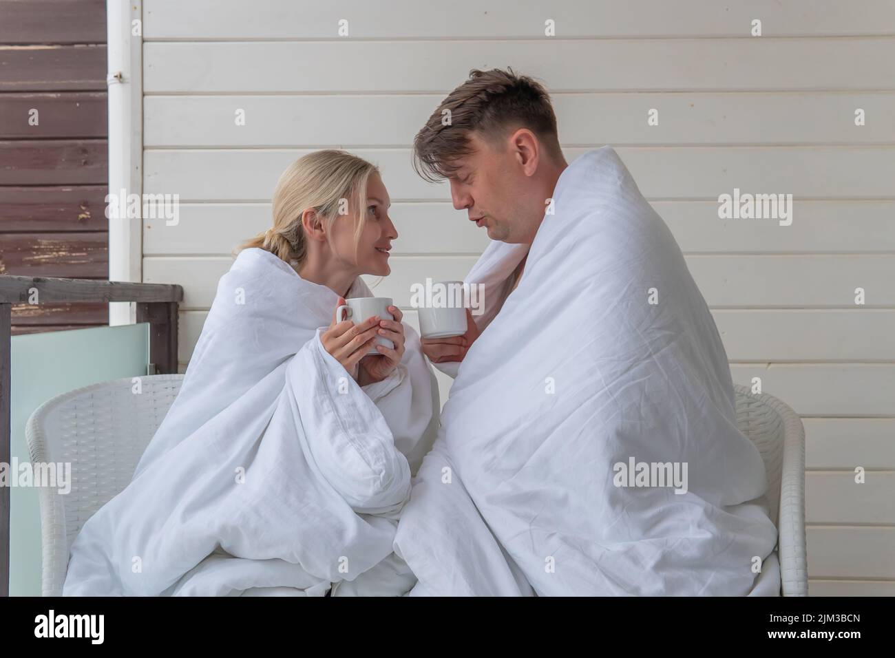Happy blanket guy drink girl couple cute married young nature, from two man in relaxation and