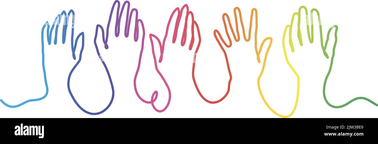 People raising their hands. Rainbow colors continuous line vector illustration Stock Vector