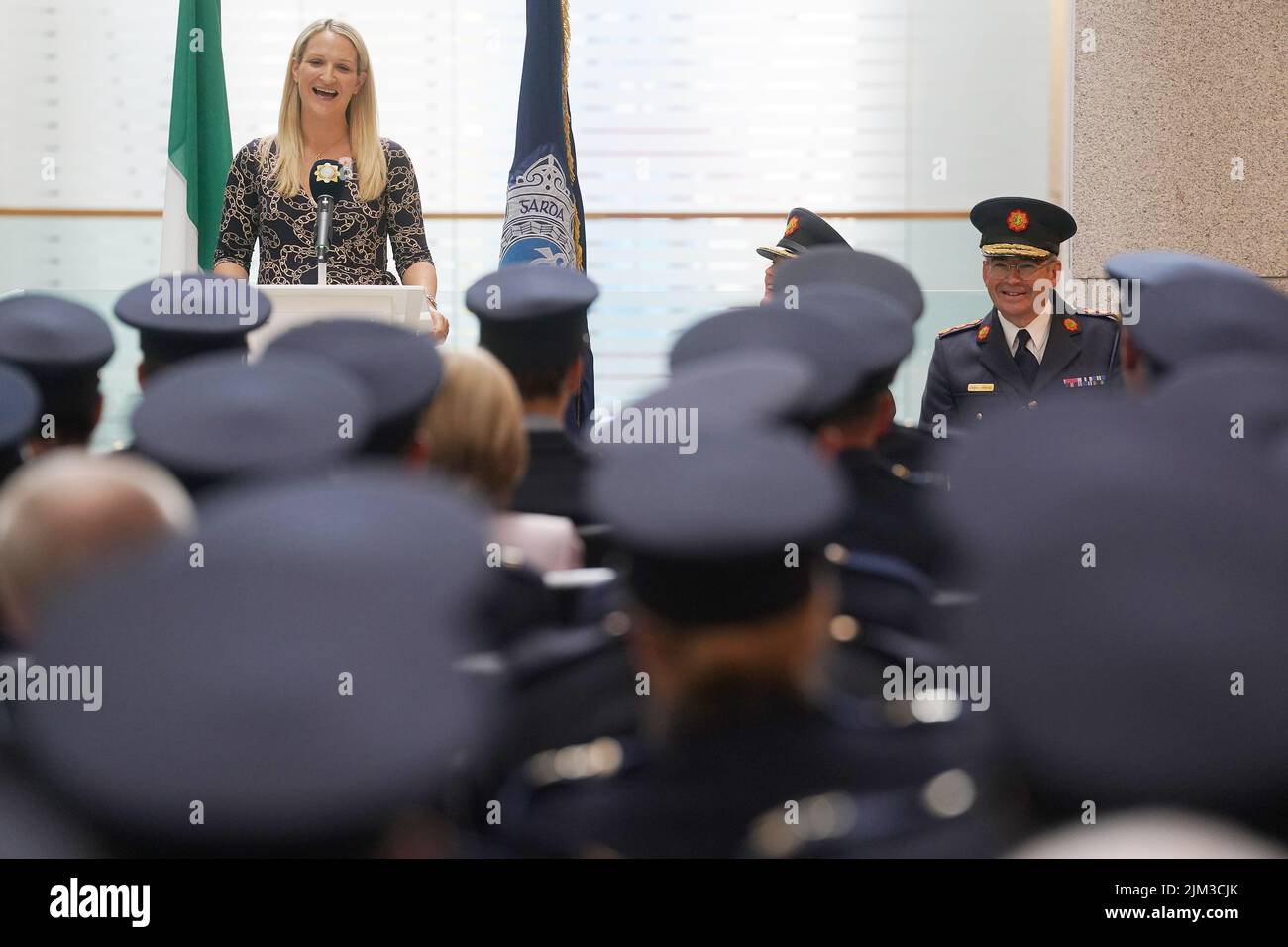 Minister for Justice Helen McEntee and Garda Commissioner Drew Harris at a ceremony held by An Garda Síochána, as part of their Centenary Commemorations, to present serving and retired Garda personnel with a specially designed and produced Commemorative Centenary Medal/Coin. Picture date: Thursday August 4, 2022. Stock Photo