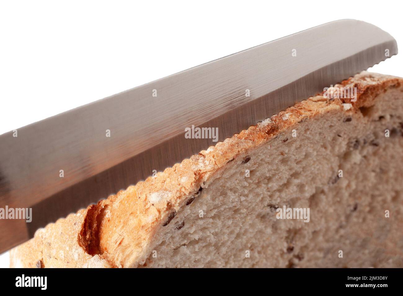 Slicing fresh bread by special knife close up. Serrated knife for bread