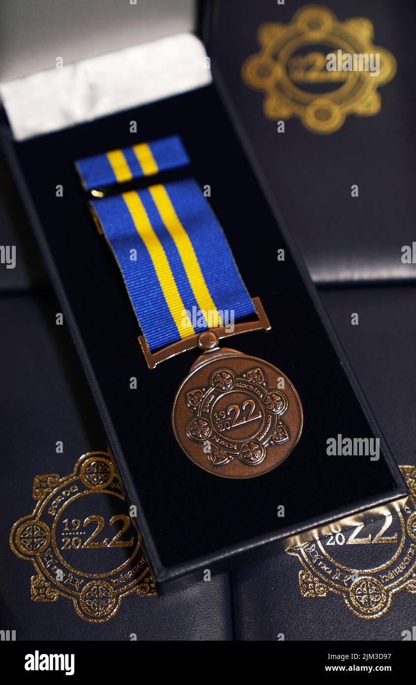A view of specially designed and produced Commemorative Centenary Medal at a ceremony held by An Garda Síochána, as part of their Centenary Commemorations, to present serving and retired Garda personnel with a Commemorative Centenary Medal/Coin. Picture date: Thursday August 4, 2022. Stock Photo