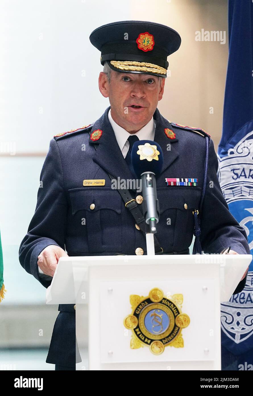 Garda Commissioner Drew Harris speaking at a ceremony held by An Garda Síochána, as part of their Centenary Commemorations, to present serving and retired Garda personnel with a specially designed and produced Commemorative Centenary Medal/Coin. Picture date: Thursday August 4, 2022. Stock Photo
