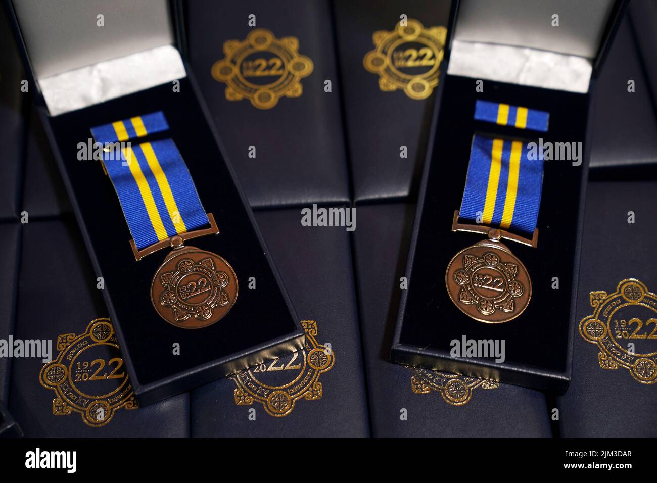 A view of specially designed and produced Commemorative Centenary Medals at a ceremony held by An Garda Síochána, as part of their Centenary Commemorations, to present serving and retired Garda personnel with a Commemorative Centenary Medal/Coin. Picture date: Thursday August 4, 2022. Stock Photo