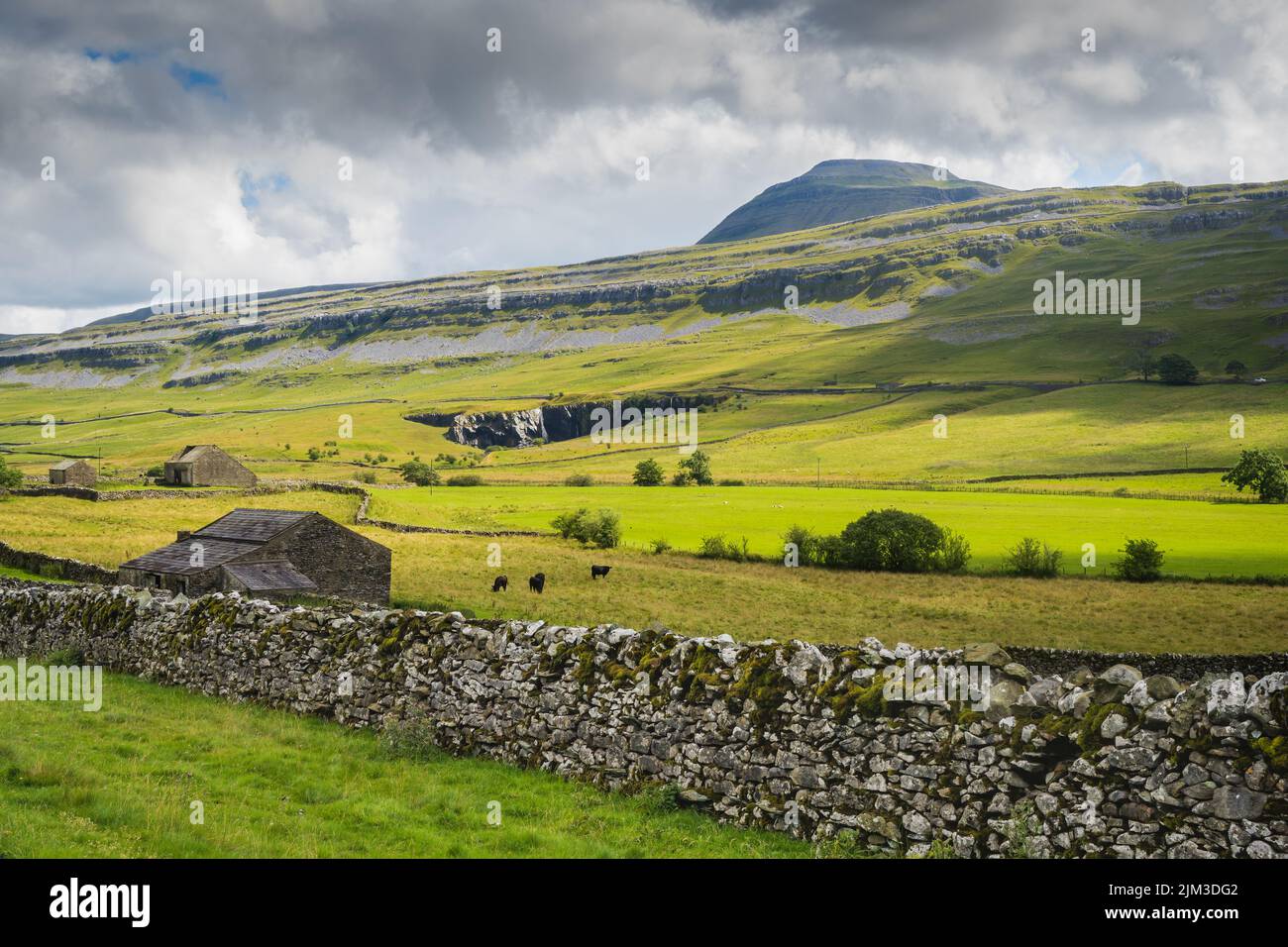31.07.2022 Ingleton, North Yorkshire, UK Barn on Oddies Lane with ingleborough mountain in the background Stock Photo